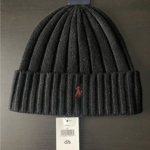 Polo Ralph Lauren Wool Knit Beanie Hat Winter Cap Mens One Size Black Ponny NWT